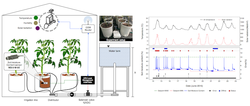 Schematic of drip irrigation system controlled by the remote environmental monitoring (left) and recorded soil moisture content behavior during plant cultivation 